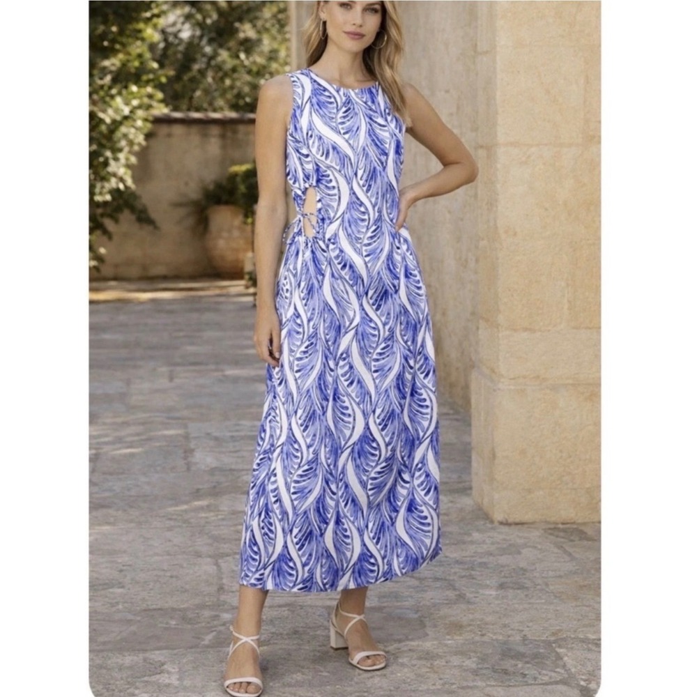 Magaschoni Linen Midi Dress Women 10 Blue White Coastal Cutout Resortwear